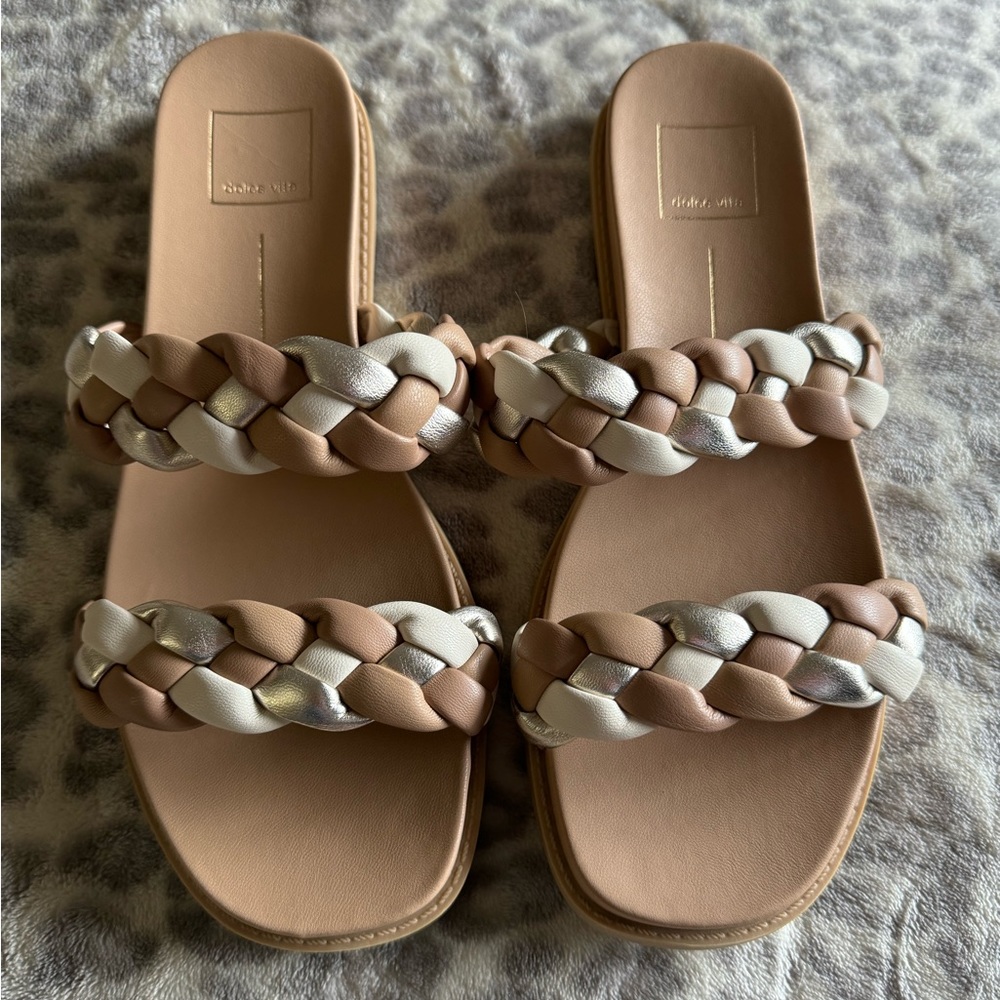 Dolce Vita Braided Double-Strap Sandals in Beige, White & Silver